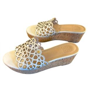 Tory Burch Dunn Wedge Ecru Leather Cutout Slide Sandal w/‎ Logo See Pic for Size
